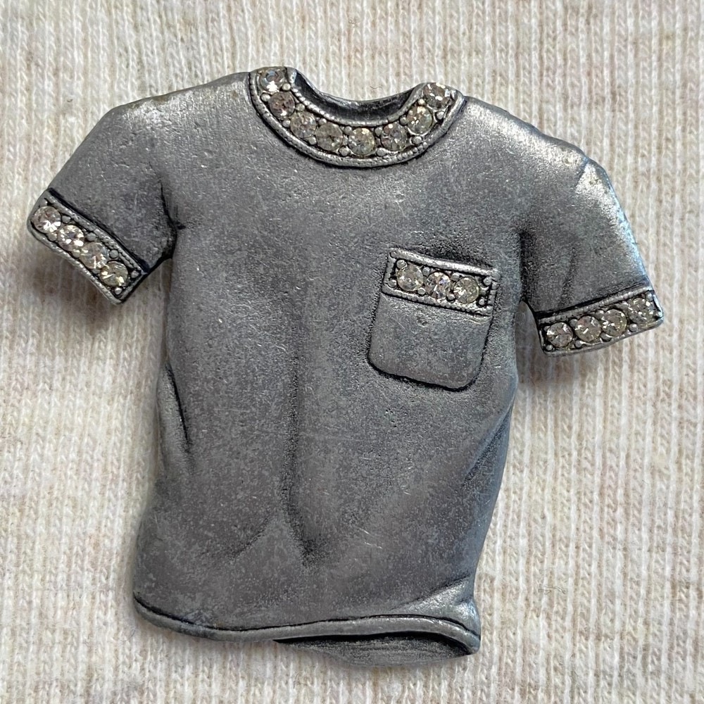 💎Jonette Jewelry Tee Shirt Brooch Brushed Silver Tone Rhinestone Trim